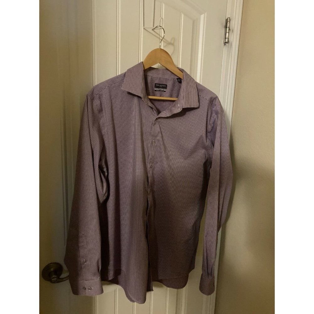 Van Heusen Long Sleeve Poly Blend Purple Check Button Down Shirt XL 17 1/2 34/35